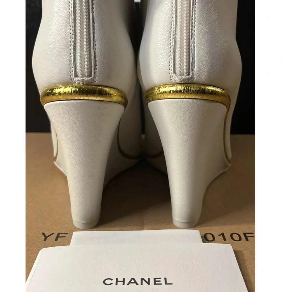 NWT CHANEL white black and gold wedge booties
